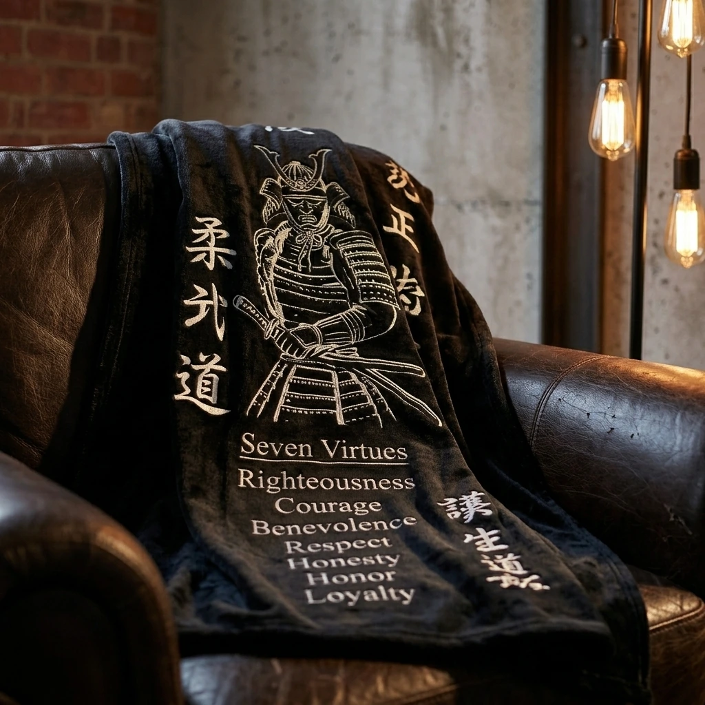 Industrial Living Room — Samurai Bushido Blanket Japanese Gifts Seven Virtues Throw Blanket Super Warm Soft Plush Lightweight Fleece Flannel Japan Decor Blanket for Women Men Girls Boys for Couch Sofa Bedding 50"X40"