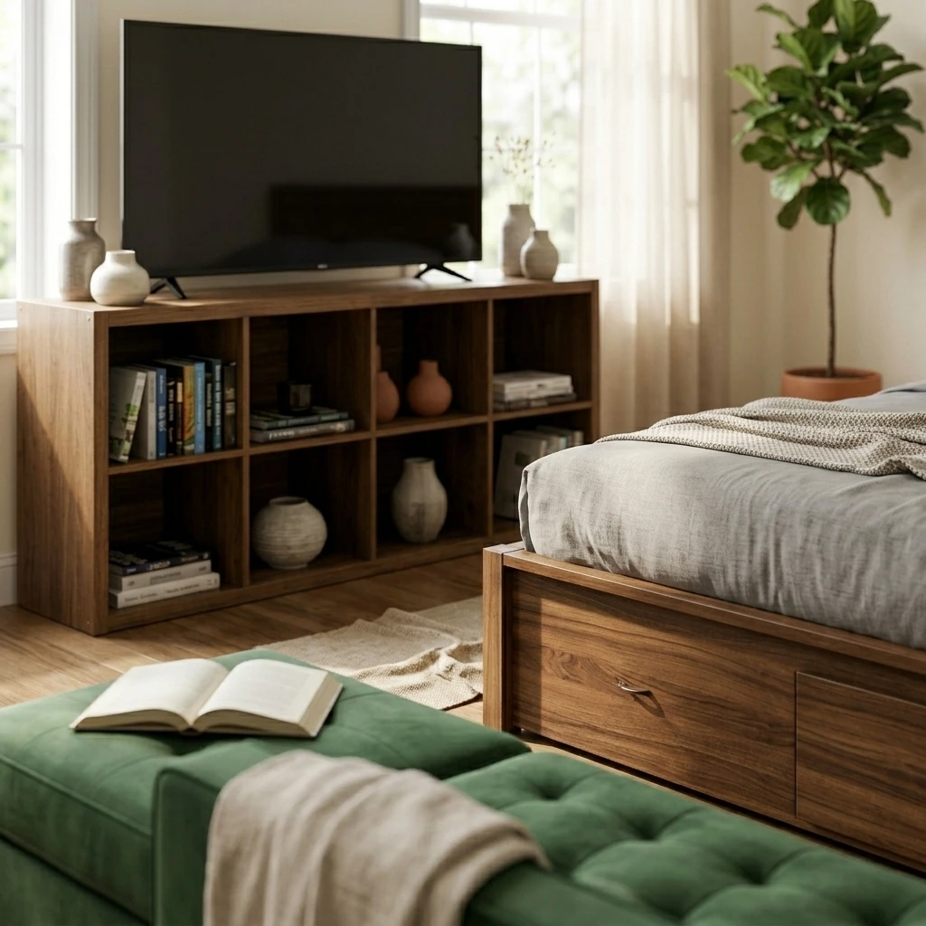Cozy Wood Living Room — AFI Concord Queen Size Platform Bed with Footboard & Storage Drawers in Walnut